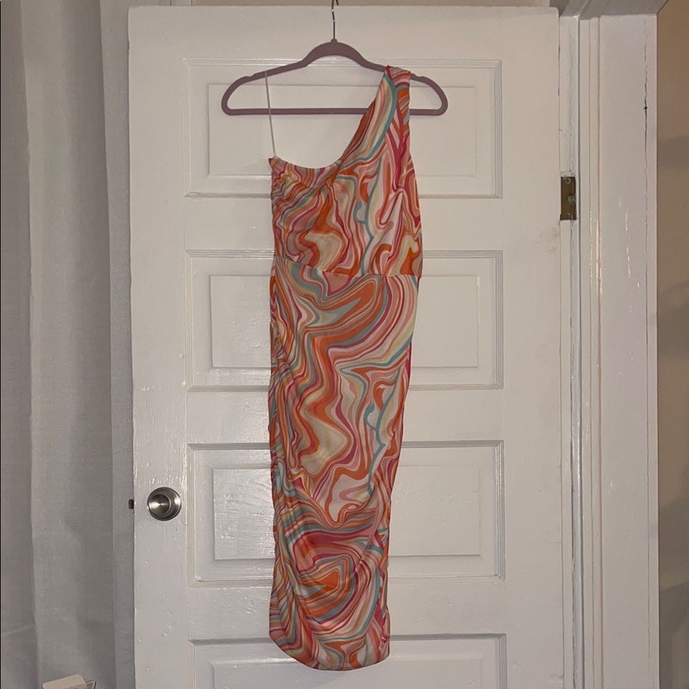 Love By Design Orange Pink One-Shoulder Bodycon Midi Dress